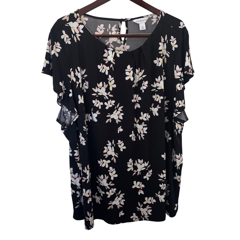 Liz Claiborne Black White Floral Flutter Sleeve Blouse Plus Size 3X Keyhole Back